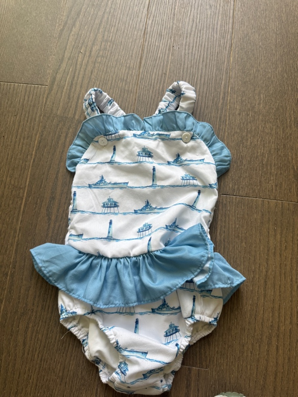 Girls' Blue and White Lighthouse Ruffle One-Piece Swimsuit
